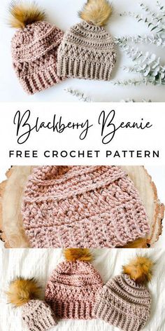 two crocheted hats with pom - poms on them and the text, blackberry beanie free crochet pattern