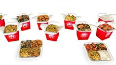 several containers filled with different types of food sitting on top of each other in front of a white background