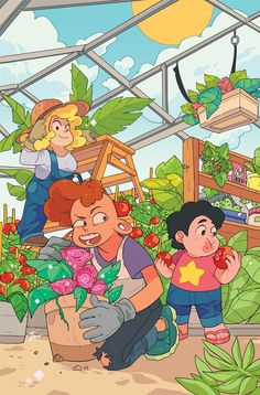 two children and an adult are in a greenhouse with flowers on the ground, while another child is holding a potted plant