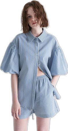 Oversized Striped Short Sleeve Blouse, Summer Tops With Cuffed Lantern Sleeves, Summer Lantern Sleeve Top With Cuffed Sleeves, Summer Shirt With Blouson Sleeves For Daywear, Striped Puff Sleeve Top For Summer, Summer Cotton Shirt With Gathered Sleeves, Summer Shirt With Puff And Blouson Sleeves, Spring Puff Sleeve Shirt With Cuffed Sleeves, Summer Puff Sleeve Shirt With Cuffed Sleeves