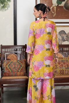 Yellow kurta with floral print and embroidery details. Paired with a printed sharara and dupatta. - Aza Fashions Yellow Floral Print Kurta For Wedding, Yellow Palazzo Set With Printed Motifs For Wedding, Wedding Yellow Palazzo Set With Printed Motifs, Traditional Yellow Floral Print Sharara, Yellow Printed Motifs Sets For Wedding, Yellow Printed Motif Sets For Wedding, Yellow Floral Print Sharara For Eid, Yellow Sets With Printed Motifs For Wedding, Yellow Printed Sets For Wedding