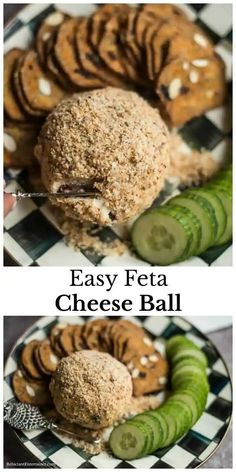 an easy to make cheese ball with cucumber slices on the side and in between