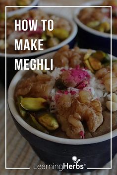 bowls filled with different types of food and the words how to make meghii