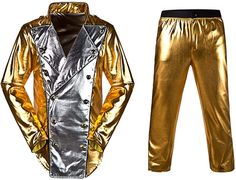 two pieces of shiny gold and silver clothing, one with a jacket on the back