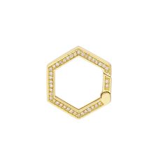 a gold plated hexagonal ring with small white diamonds on the top and bottom