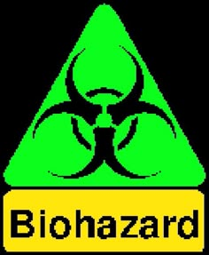 the biohazard logo is shown in green and yellow, with a black background