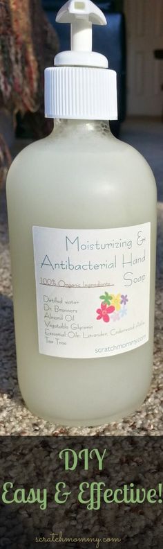 a bottle of diy easy & effective hand soap on the ground with text overlay that says, moisting and antibacterial hand soap