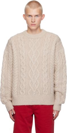 Cable-knit wool- and mohair-blend sweater. · Rib-knit crewneck, hem, and cuffs · Dropped shoulders Supplier color: Beige Cable Knit Turtleneck Sweater, Knitwear Men, Knit Crewneck, Beige Sweater, Isabel Marant, Turtleneck Sweater, Cable Knit, Rib Knit, Apparel Accessories