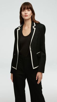 Piped Blazer in Seasonless Wool | Women's Blazers | Argent Blazer Design, Oversized Blazers, Design Black And White, Elegant Blazers, Place Dress, Women Blazer, Women's Blazers, Single Button Blazer, Blazer Designs