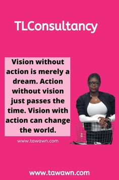 a woman standing in front of a pink background with the words, vision without action is mer