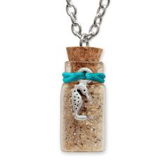 a bottle with a fish charm on it and a blue ribbon around the neck that is attached to a chain