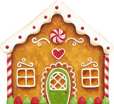 a gingerbread house with candy canes and candies on the front door is shown