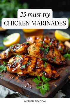 chicken marinades on a cutting board with lemons and parsley