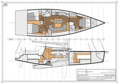 the layout of a catamaran sailboat, with its interior and floor plan