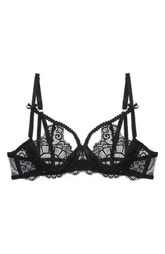 A strappy design adds to the sultriness of this underwire bra crafted with revealing floral lace cups. 56% nylon, 36% polyester, 8% elastane Machine wash, line dry Imported Lace Underbust Bra With Lace Closure, Underbust Bra With Lace Closure, Underwire Nursing Bra With Lace Trim, Party Lace Bra With Removable Pads, Party Bra With Lace Closure, Lace Push-up Bra With Lace Closure, Elegant String Bra, Elegant Fitted String Bra, Lace Bra With Removable Pads And Underbust