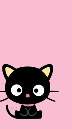 a black cat with big eyes on a pink background