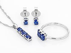 2.40ctw Oval Blue Kyanite Rhodium Over Sterling Silver Ring, Earrings, Pendant With 18"Singapore Chain Set. Ring Measures Approximately 0.37"L x 0.22"W. Not Sizeable. Earrings Measures Approximately 0.20"L x 0.15"W. Push Backings. Pendant Measures Approximately 0.83"L x 0.16'W. 2.5mm bail. Lobster clasp with 2"extender. Gia Certified Sterling Silver Fine Jewelry, Gia Certified Fine Jewelry In Sterling Silver, Gia Certified Round Sapphire Jewelry, Gia Certified Sapphire Jewelry, Gia Certified Sapphire Fine Jewelry, Earrings Pendant, Pendant With Chain, Set Ring, Blue Kyanite