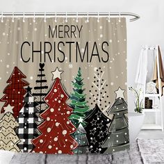 a shower curtain with christmas trees on it