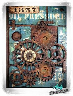 an old rusty metal plate with gears on it