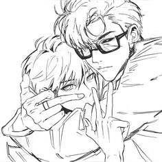 a drawing of two people with glasses and one is holding his hand to his face