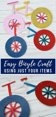 paper plate crafts with the words easy bicycle craft using just four items to make them