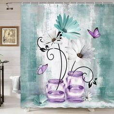 a shower curtain with flowers and butterflies on the water in front of a blue background