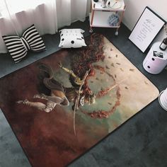 a room with a large rug that has an image of a woman on the floor