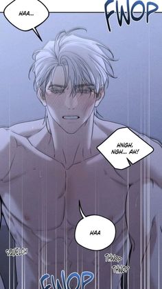 an anime character with white hair and glasses in the rain, holding his shirt open