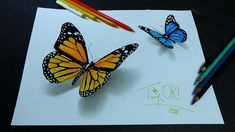 two butterflies sitting on top of a piece of paper with colored pencils next to it