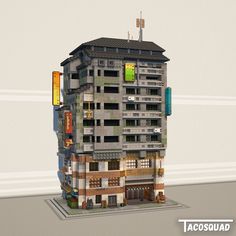 a tall building with lots of windows and balconies on the top floor is shown in this low poly model