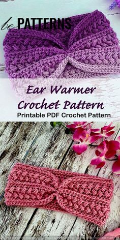 two crocheted headbands with text that says ear warmer crochet pattern