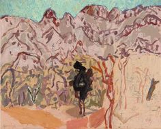 a painting of a person walking in front of mountains