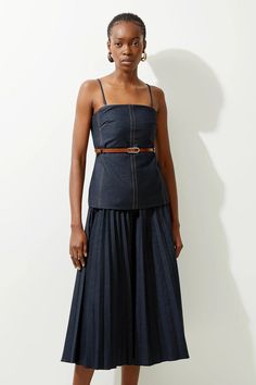 Tailored Denim Bandeau Pleated Full Skirted Midaxi Dress | Karen Millen Cotton Midi Dress For Day Out, Fitted Pleated Midi Dress For Day Out, Pleated Summer Dress With Relaxed Fit, Summer Pleated Dress With Relaxed Fit, Summer Pleated Midi Dress With Fitted Waist, Spring Pleated Relaxed Fit Midi Dress, Pleated Midi Dress With Fitted Waist For Summer, Fitted Flared Skirt Midi Dress For Summer, Spring Midi Dress With Pleated Flared Skirt