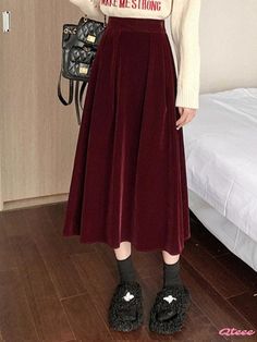 Qteee - Stylish Velvet High-Waisted Pleated Skirt - Perfect Winter Pairing for Sweaters Pleated Velvet Skirt, Midi Skirt Winter, Velvet Pleated Skirt, Velvet Midi Skirt, Winter Knitwear, High Waisted Pleated Skirt, Winter Skirt, Velvet Skirt, Midi Length Skirts