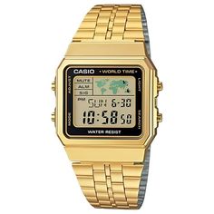 Gold-tone stainless steel case. Gold-tone stainless steel bracelet. Digital dial. Quartz movement. Date. Water resistant 30 meters. Case 33 mm. Size: Regular.  Gender: male.  Age Group: adult. Casio Digital, Digital Wrist Watch, Casio Vintage, Daylight Saving, Time Alarm, Everyday Watch, Elapsed Time, Countdown Timer, Time Zones