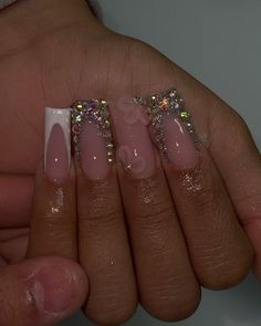 Short Inspo Nails, Acrylic Nails Cute Design, French Tip With Bling, Nail Ideas Gel, Extra Birthday Nails, Glossy Nails, Acrylic Nail Designs Coffin, French Tip Acrylics