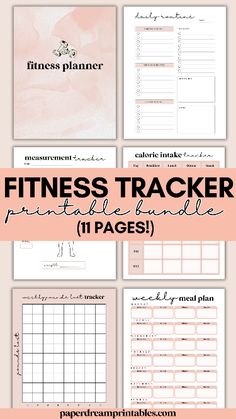 the printable fitness tracker is shown in pink and white with text overlaying it