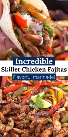 a chicken fajita is being held up by a hand with the title text overlay