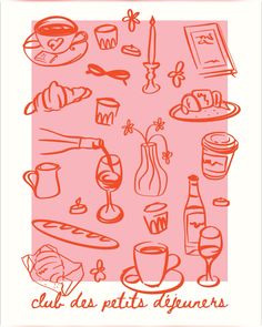 a pink poster with different types of food and drinks on it's side, including bread