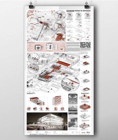 a poster with red and white architecture diagrams on the front, side and back sides