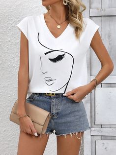 Women's Face Printed T-Shirt White Casual  Short Sleeve Knitted Fabric Figure  Slight Stretch  Women Clothing, size features are:Bust: ,Length: ,Sleeve Length: Women T Shirts, White Casual, Woman Face, Women Clothing, Womens Tees, Tshirt Print, Print T Shirt, Casual Shorts, Length Sleeve