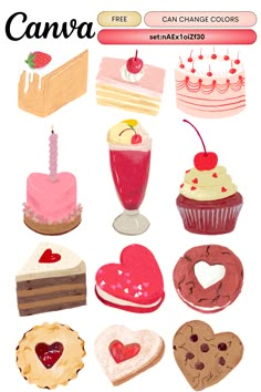 a bunch of different types of cakes and cupcakes on a white background with the text canva change colors