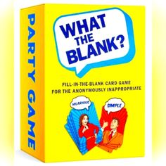 a yellow card game box with the words, what the blank? and an image of two people talking to each other