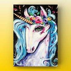 a painting of a unicorn with blue hair and flowers on it's head, against a yellow wall