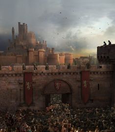 a large crowd of people standing on top of a castle