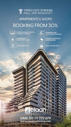 an advertisement for the twin city towers apartment and shopping center in malaysia, with information about it