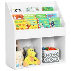 children's bookshelf with stuffed animals on the bottom shelf and other toys