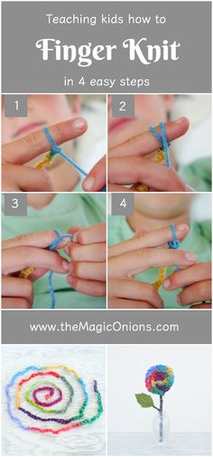 the instructions for how to make a finger knot in 4 easy steps with yarn and beads