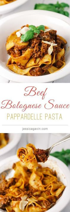 beef bologiane sauce with papparella pasta in a white bowl on a table