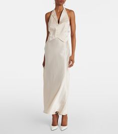 Bridal Estella open-back silk midi dress in white - Rixo | Mytheresa Bold Gold Jewelry, Alexander Mcqueen Clothing, Bridal Bag, Red Accessories, Rings Jewelry Fashion, Silk Midi Dress, Evening Shoes, White Midi Dress, Short Jumpsuit